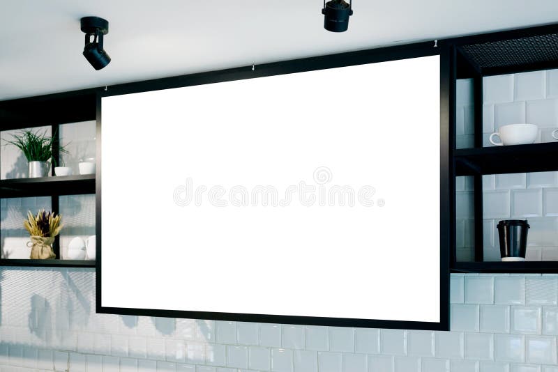 Empty wall banner at cafe mockup, side view. Coffe cups and plants on shelf in background. Scandinavian interior design royalty free stock photo