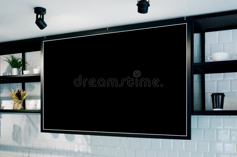 Empty wall banner at cafe mockup, side view. Coffe cups and plants on shelf in background. Scandinavian interior design. Text space