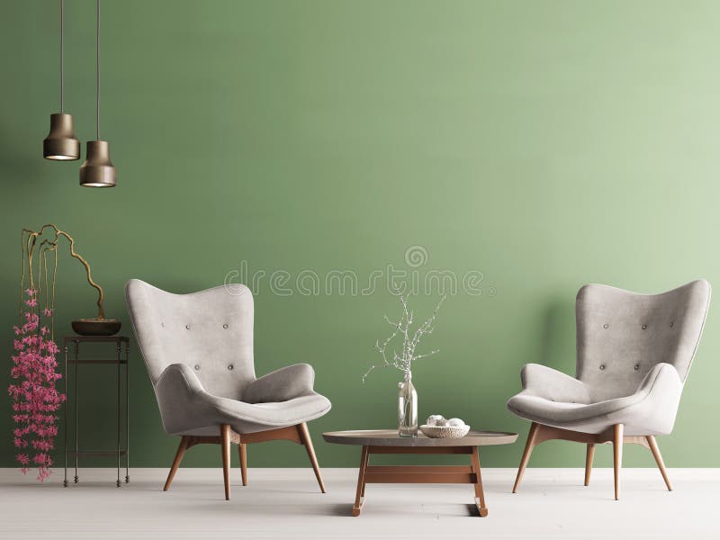 Empty wall in pastel modern interior with green wall, soft armchairs, plant and lamps.