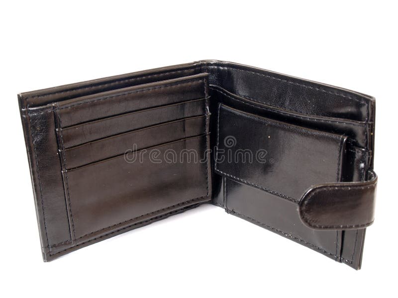 Empty opened black wallet from imitation leather. Empty opened black wallet from imitation leather