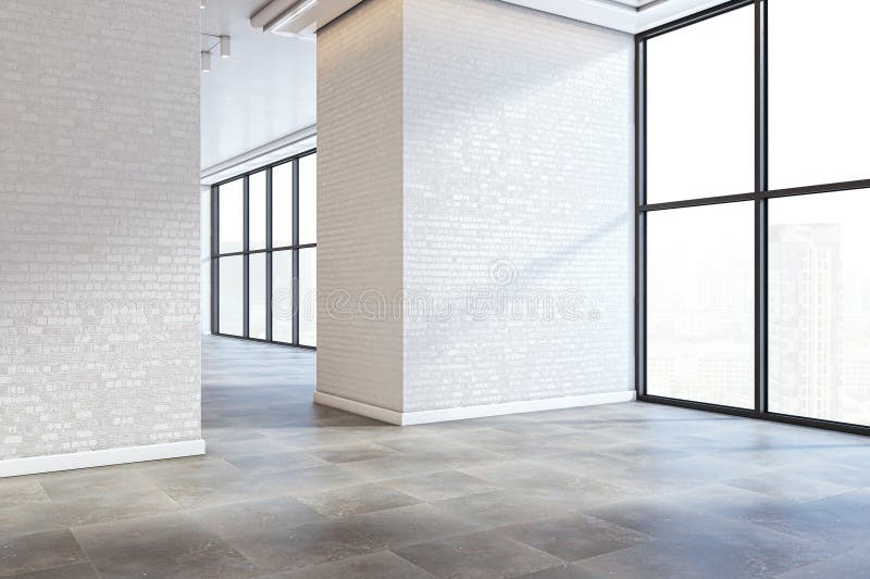 Empty white brick wall in modern office hallway with natural light royalty free illustration