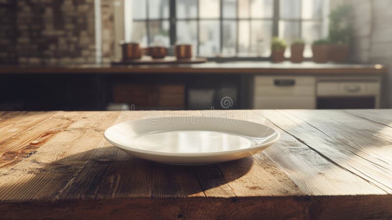 A white ceramic plate resting on a rustic wooden countertop in an industrial loft-style kitchen. Cleanplate illustrations