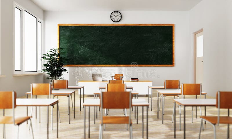 Empty White Classroom Background with Green Chalkboard Table and Seat on  Wooden Floor. Education and Back To School Concept Stock Illustration -  Illustration of education, classroom: 220056564