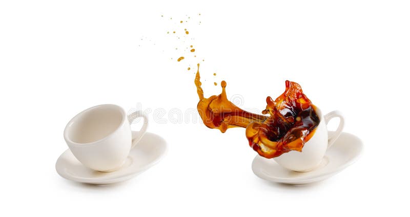 Empty white coffee cup and hot coffee cup spilling on floor with water splash isolated on white background