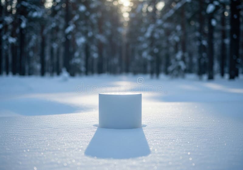 Empty white cylindrical podium in a snowy winter forest with sunlight and long shadows vector illustration