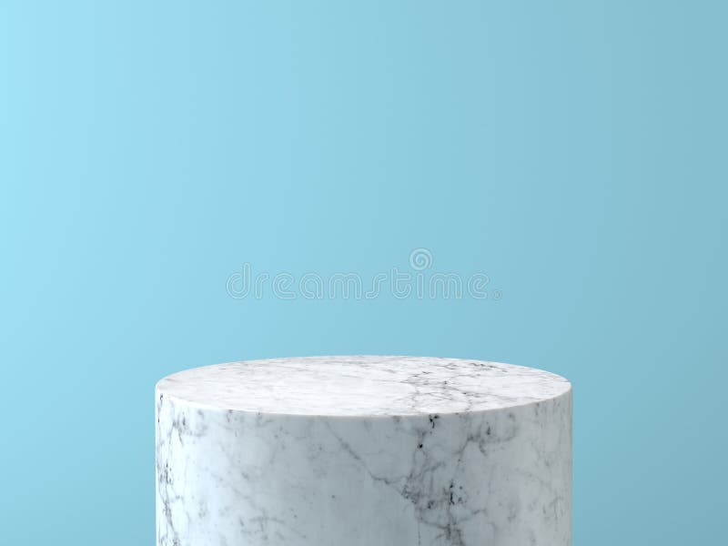 Empty white marble podium on pastel blue color background. 3D rendering.