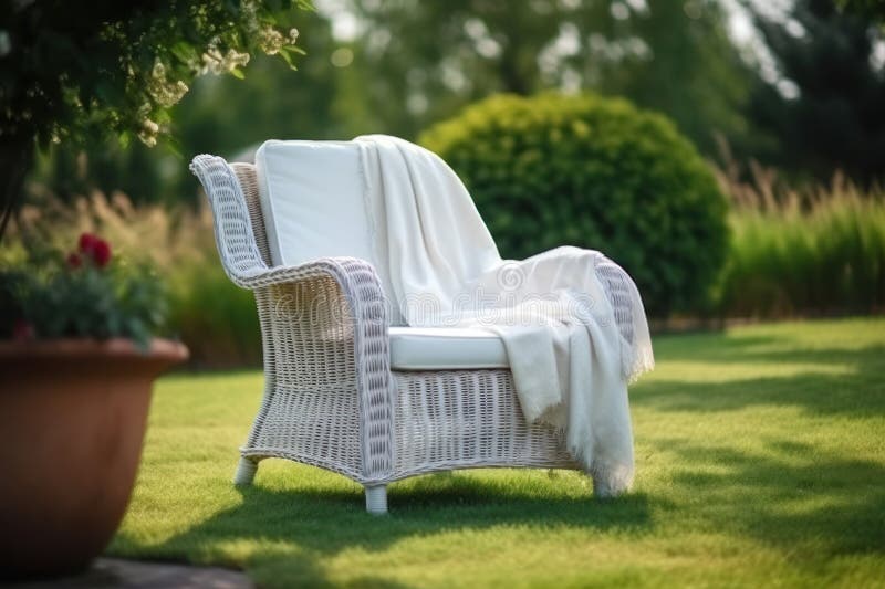 Empty white plaid on a wicker garden chair in the garden royalty free illustration