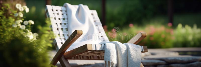 Empty white plaid on a wicker garden chair in the garden vector illustration