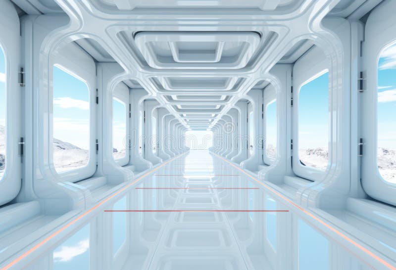 Empty white room with glowing lines. image of futuristic space stock illustration