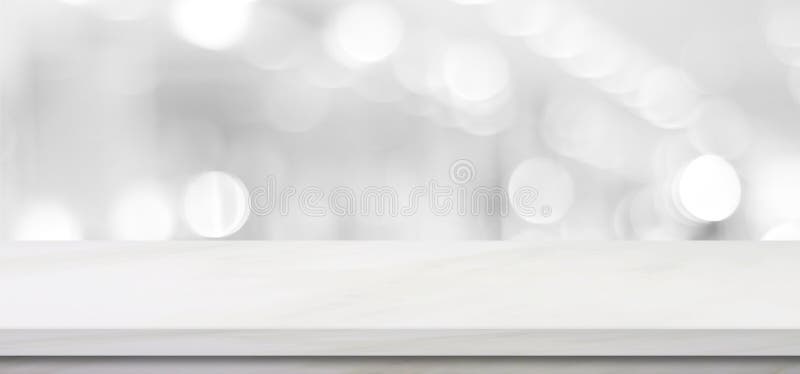 Empty white table top, counter, desk background over blur perspective bokeh light background, White marble stone table, shelf and