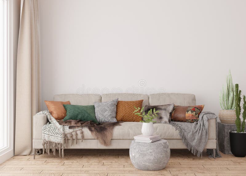 Empty white wall in modern living room. Mock up interior in scandinavian, boho style. Free, copy space for your picture