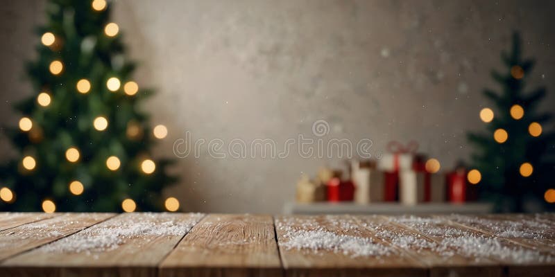 Empty white wold table top with abstract warm living room decor with christmas tree string light blur background with snow,Holiday vector illustration