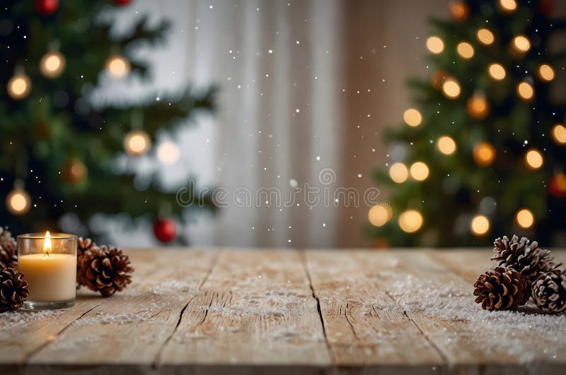 Empty white wold table top with abstract warm living room decor with christmas tree string light blur background with snow,Holiday vector illustration
