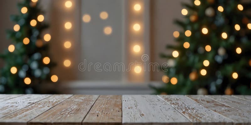 Empty white wold table top with abstract warm living room decor with christmas tree string light blur background with snow,Holiday vector illustration