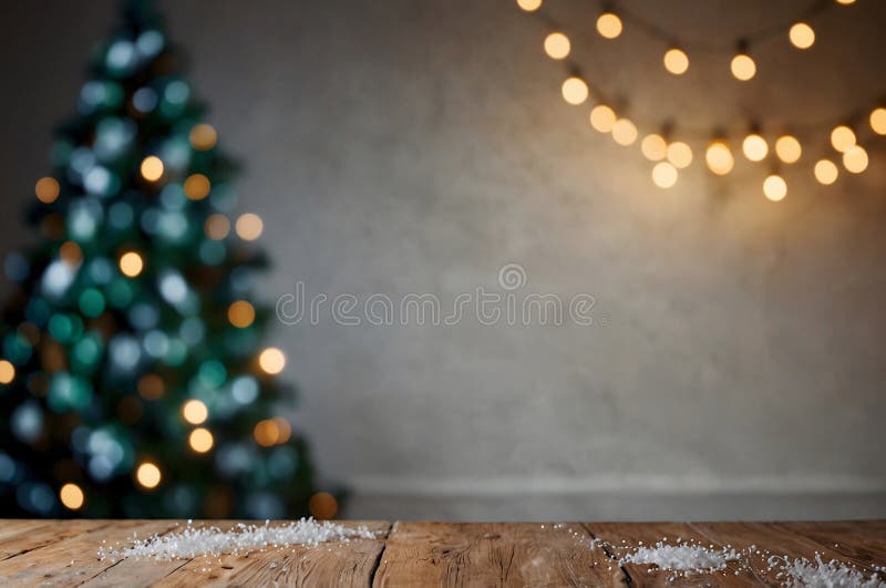 Empty white wold table top with abstract warm living room decor with christmas tree string light blur background with snow,Holiday stock illustration