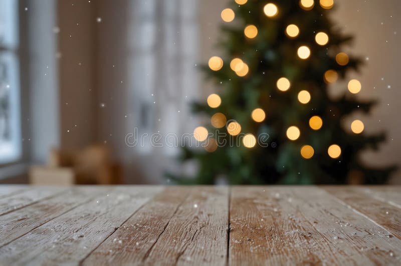 Empty white wold table top with abstract warm living room decor with christmas tree string light blur background with snow,Holiday vector illustration