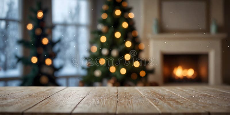 Empty white wold table top with abstract warm living room decor with christmas tree string light blur background with snow,Holiday vector illustration