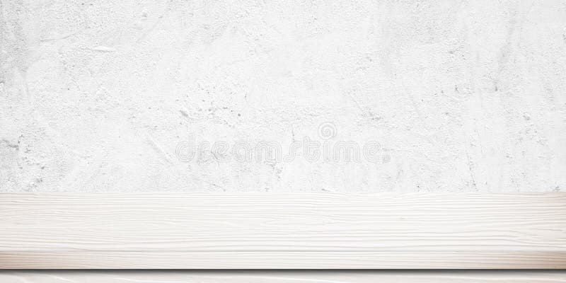 Empty white wood table over white cement wall, vintage, background, banner, template, product display montage stock image