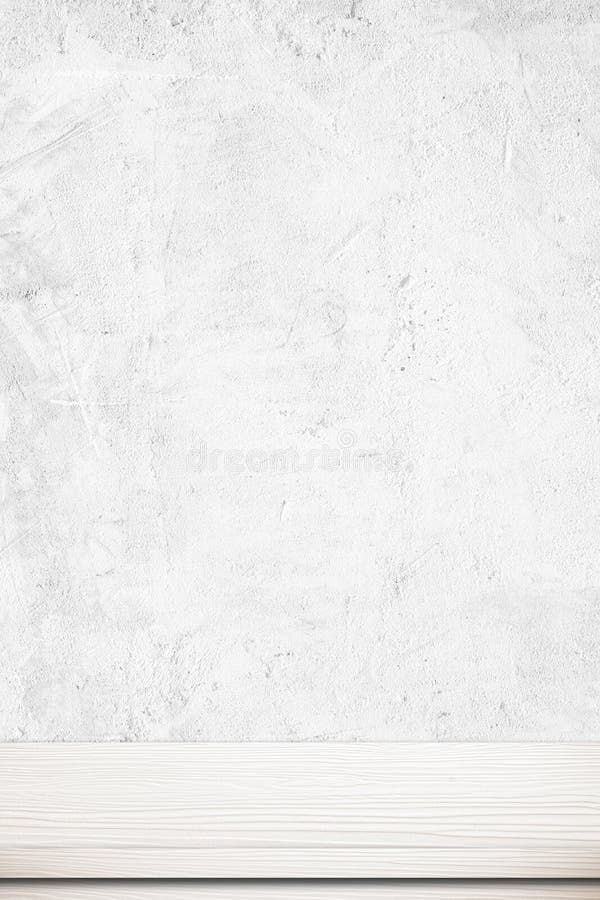 Empty white wood table over white cement wall, vintage, background, template, product display montage stock image
