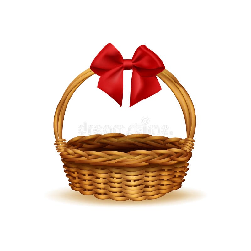 Empty wicker basket with red ribbon bow. Vector stock illustration