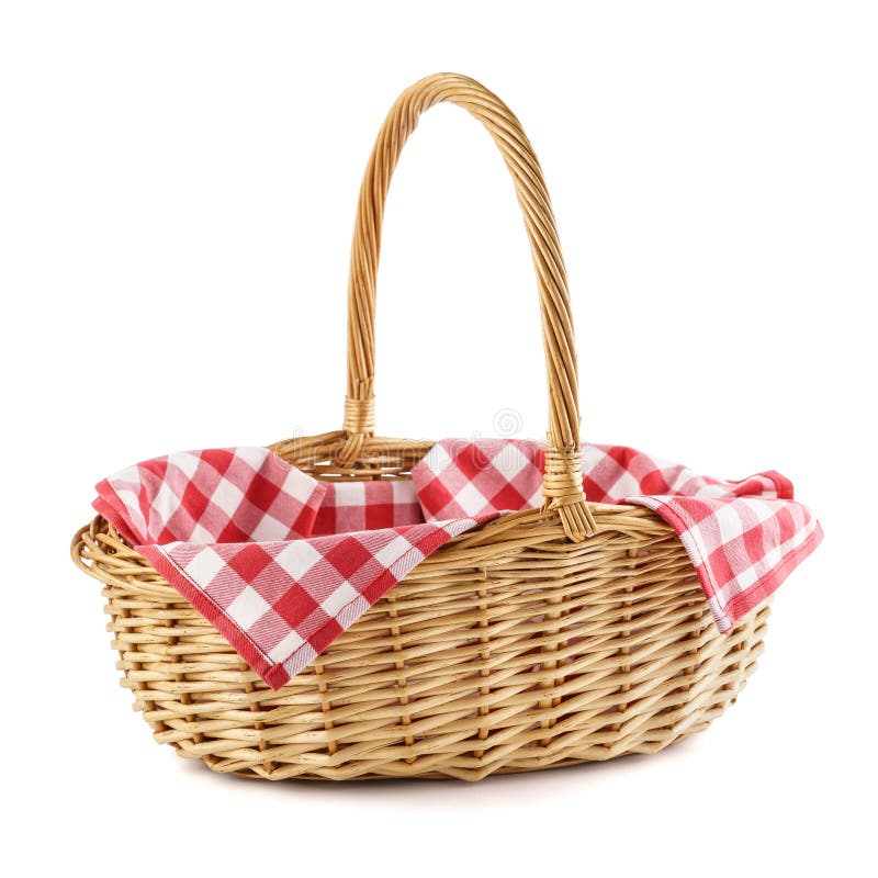 Empty Wicker Basket with Red Checkered Tablecloth for Picnic Stock