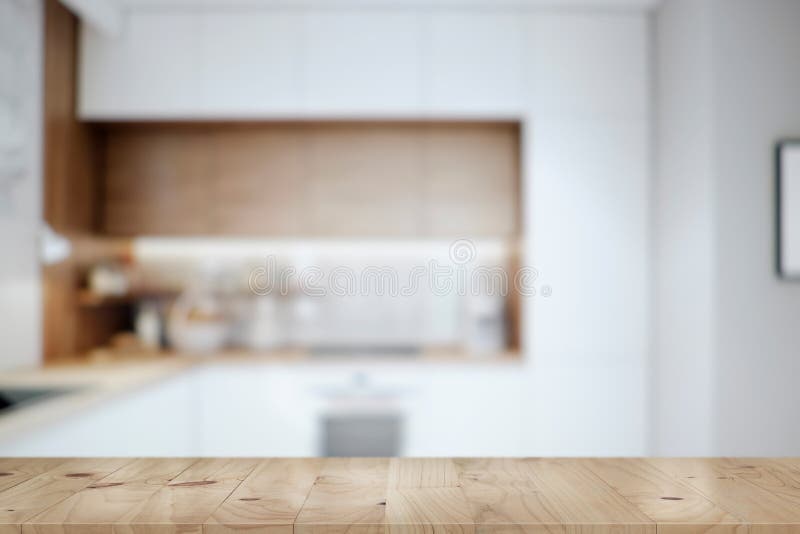 Empty Wooden Table with Bokeh Image of Kitchen Bench Interior Stock ...