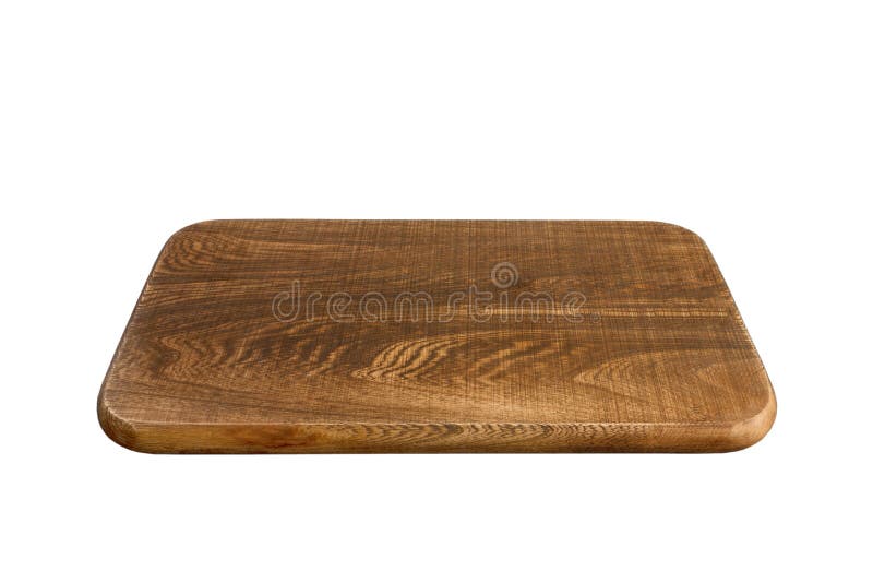 Empty wood cutting board isolated on white background. Perspective view