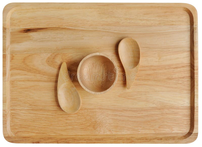 empty wooden plate with spoon and small bowl