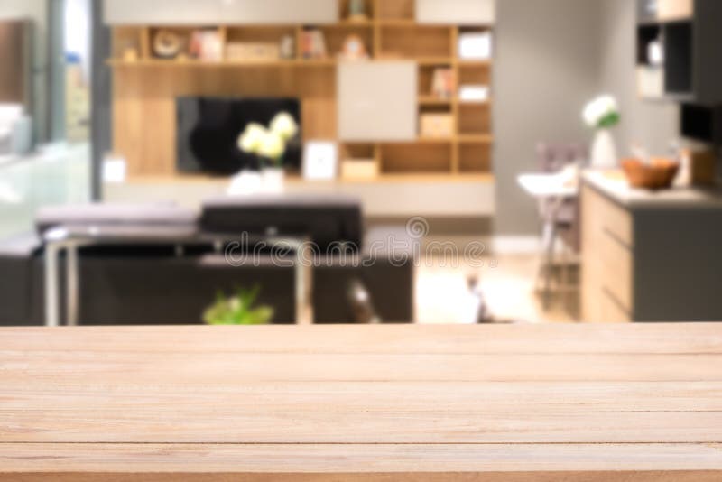 Empty wood table top with Blurred abstract mock up of modern living room interior stock image Empty wood table top with Blurred abstract mock up of modern living room interior stock image