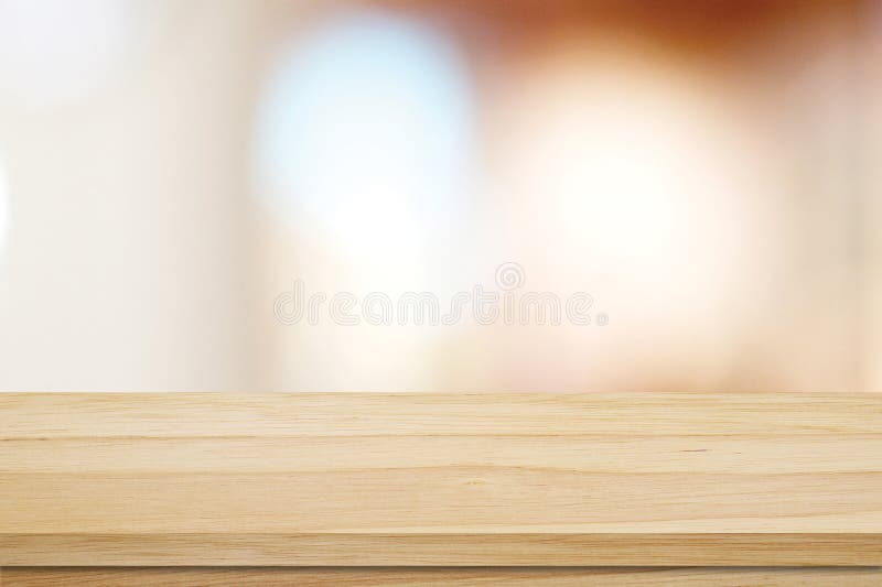 Empty wood table top, counter, desk background over blur bokeh background, Wooden table, shelf and blurred kitchen restaurant for stock photo