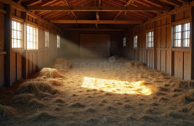 Empty wooden barn interior with hay scattered on floor. Warm sunlight streams through windows, creating bright rays, visible dust vector illustration