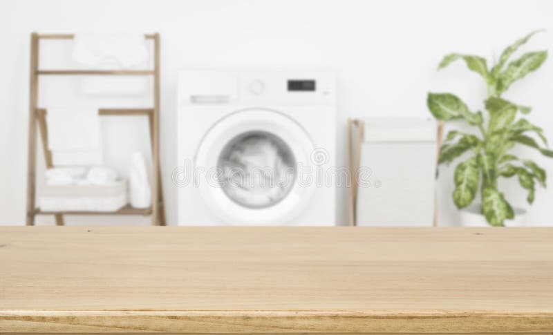 Empty Brown Wooden Table with Blurred Image of Kitchen Interior Stock ...