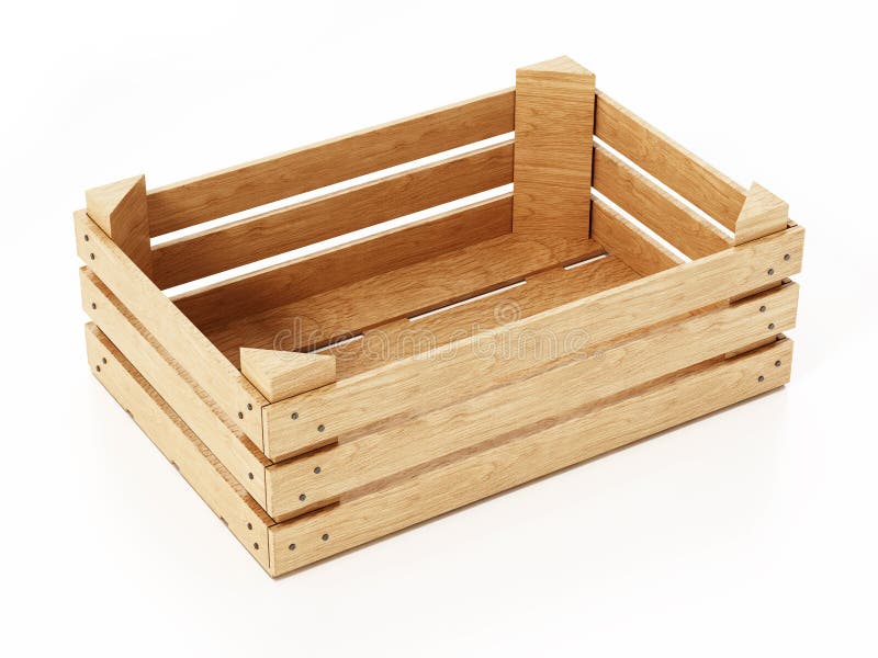 Empty wooden crate isolated on white background. 3D illustration stock illustration