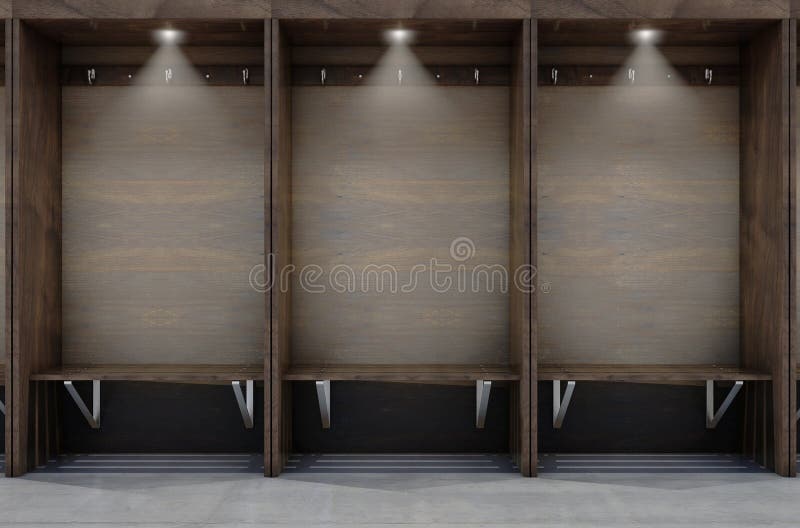 Empty wooden cubicles with bench and hangers 2 vector illustration