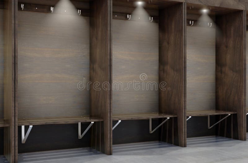 Empty wooden cubicles with bench and hangers vector illustration
