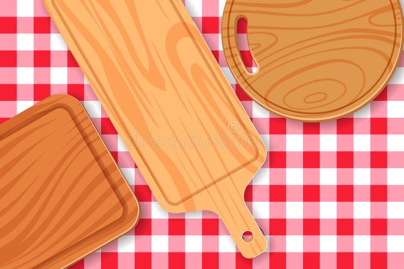 Empty wooden cutting boards on red checkered tablecloth. Vector illustration. Cooking, picnic banner, poster background vector illustration