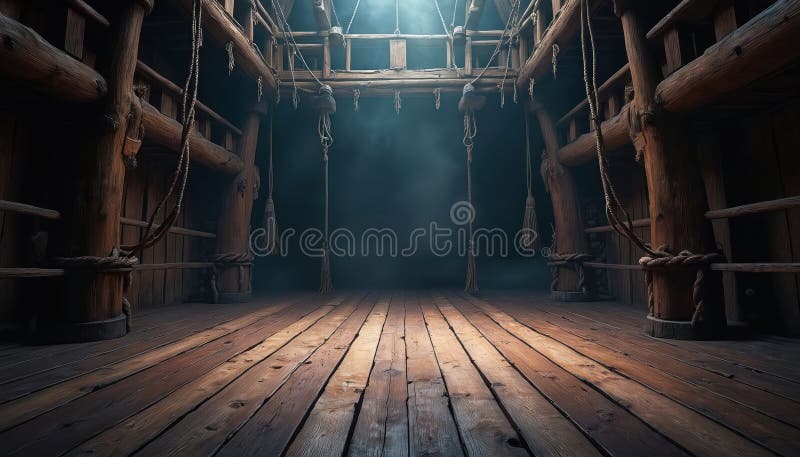 Empty wooden deck of pirate ship creates dramatic atmosphere for theater stage performance. Nautical maritime scene evokes royalty free illustration