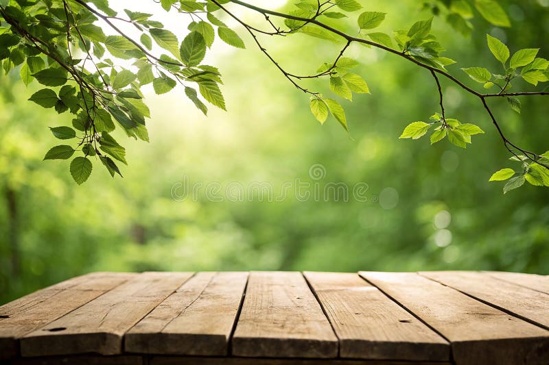 Empty wooden deck table with foliage bokeh background. Ready for product display montage royalty free illustration