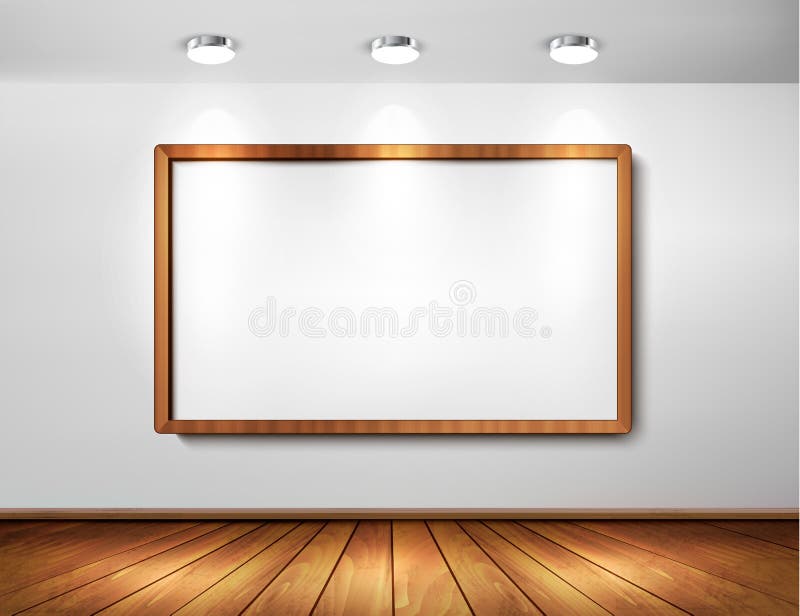 Empty wooden frame on a wall with spotlights vector illustration