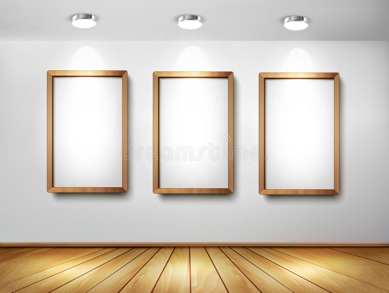 Empty wooden frames on wall with spotlights and wo vector illustration