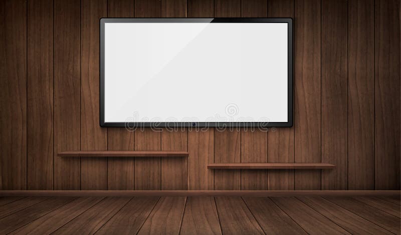 Empty wooden room with tv screen and bookshelves royalty free illustration