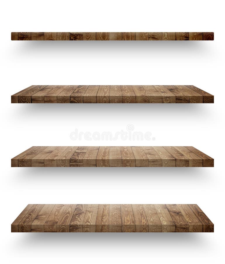 Empty wooden shef isolated on the wall stock photos