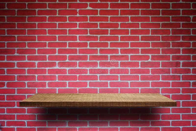 Wooden Shelves and White Brick Wall Background. Stock Image Image of