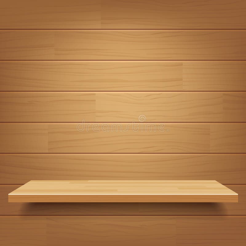 Empty wooden shelf on wooden wall background royalty free illustration