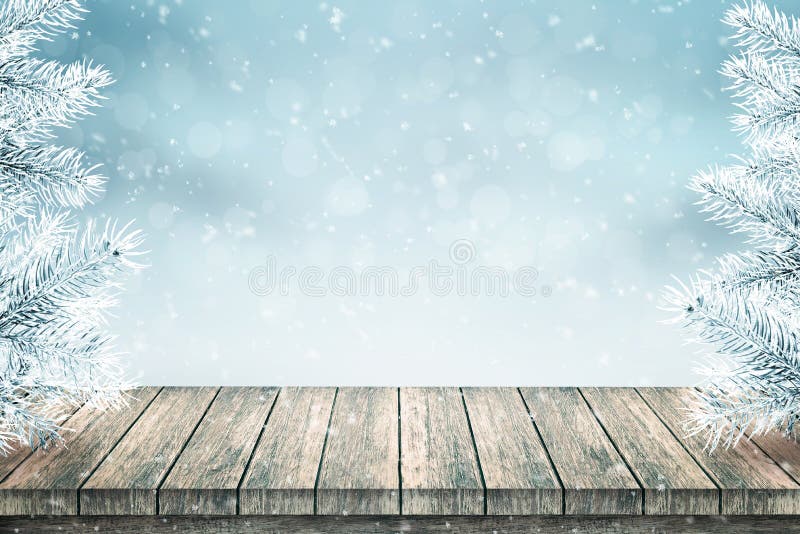Empty wooden table and Christmas fir trees covered with snow vector illustration