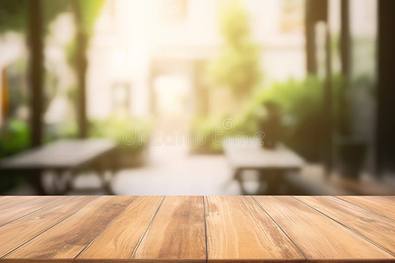 Empty Wooden Table in Coffee Shop with Blurred Background. Created with