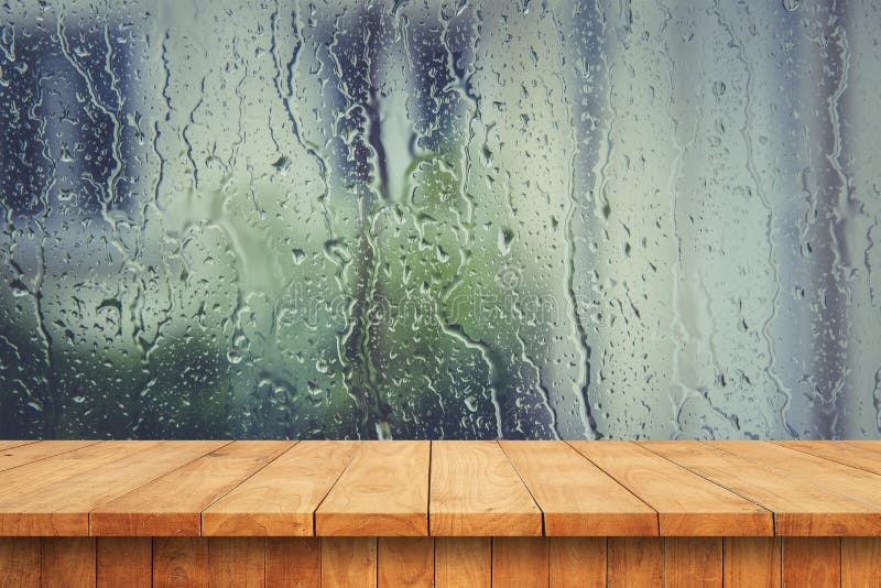 Empty Wooden Table and Drop Water in the Window Stock Photo Image of