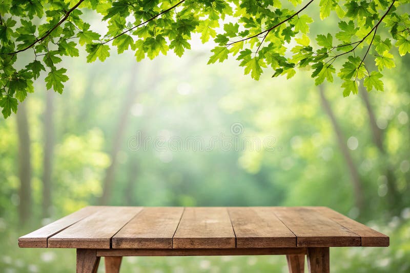 Empty wooden table with foliage bokeh background. Empty wooden table with foliage bokeh background, template design vector illustration