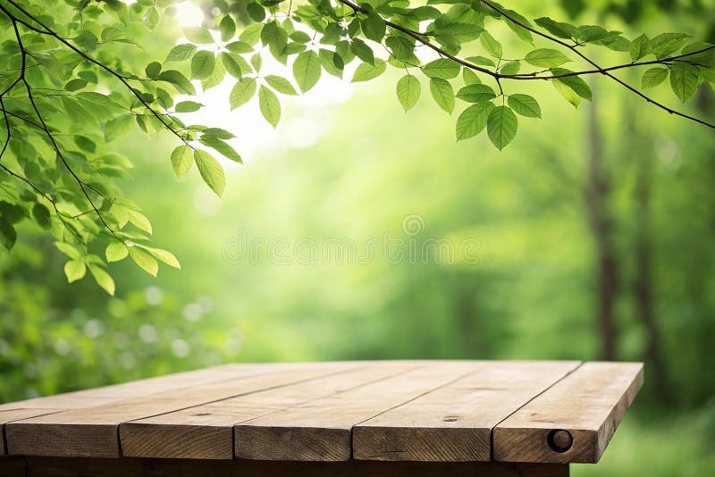 Empty wooden table with foliage bokeh background. Empty wooden table with foliage bokeh background, template design stock illustration