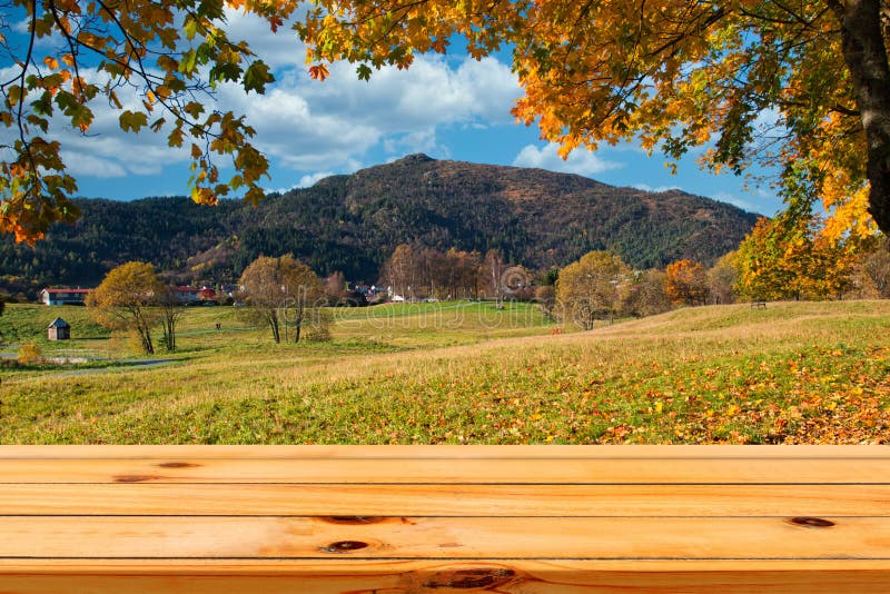 Image of blank wooden table in front of beautiful autumn landscape background with free copyspace used for background, backdrop to display goods and new product. Image of blank wooden table in front of beautiful autumn landscape background with free copyspace used for background, backdrop to display goods and new product.